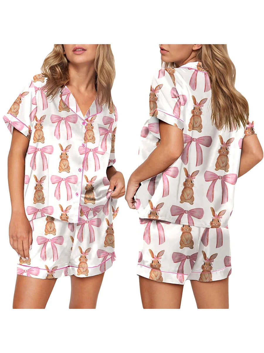 Women Bow Bunny Print Pajama Set | Margaretha