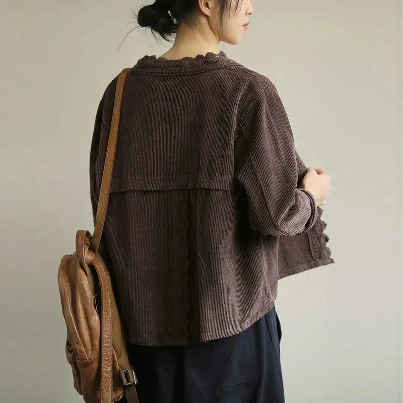 Women Short Jacket Beige Corduroy | Elegant Style-4