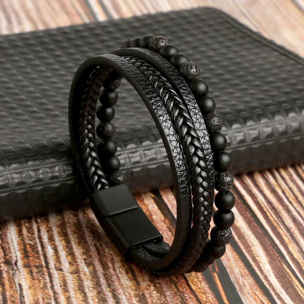 Variant image for Men's Leather Bracelet Black Multilayer | Urban Style-4