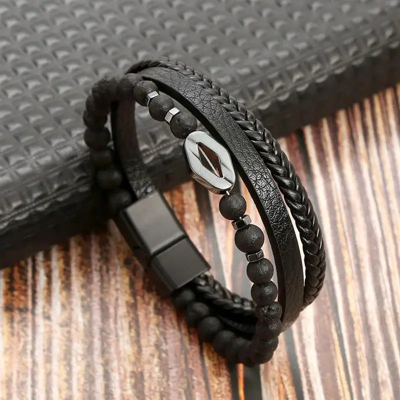 Variant image for Men's Leather Bracelet Black Alloy | Classic Style-17