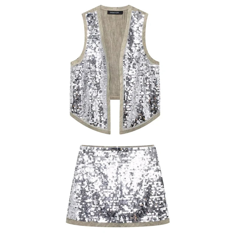 Women Sequined Vest & Skirt Set | Elara