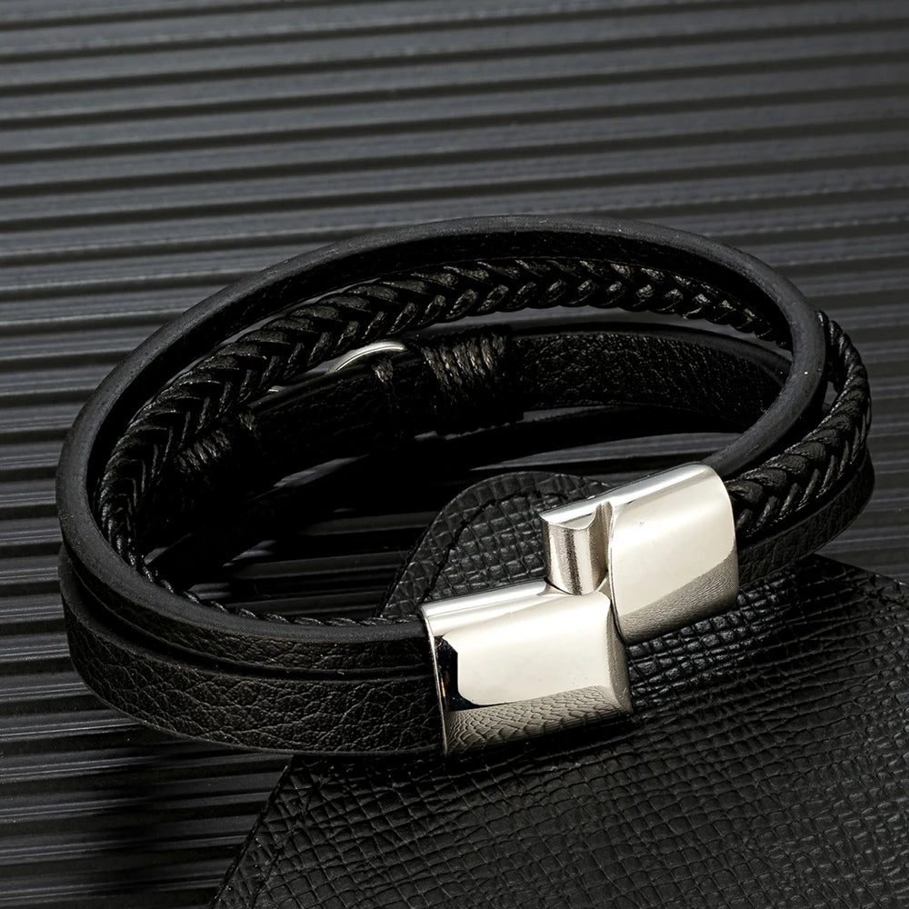 Men's Bracelet Black Leather Stainless Steel | Classic-4