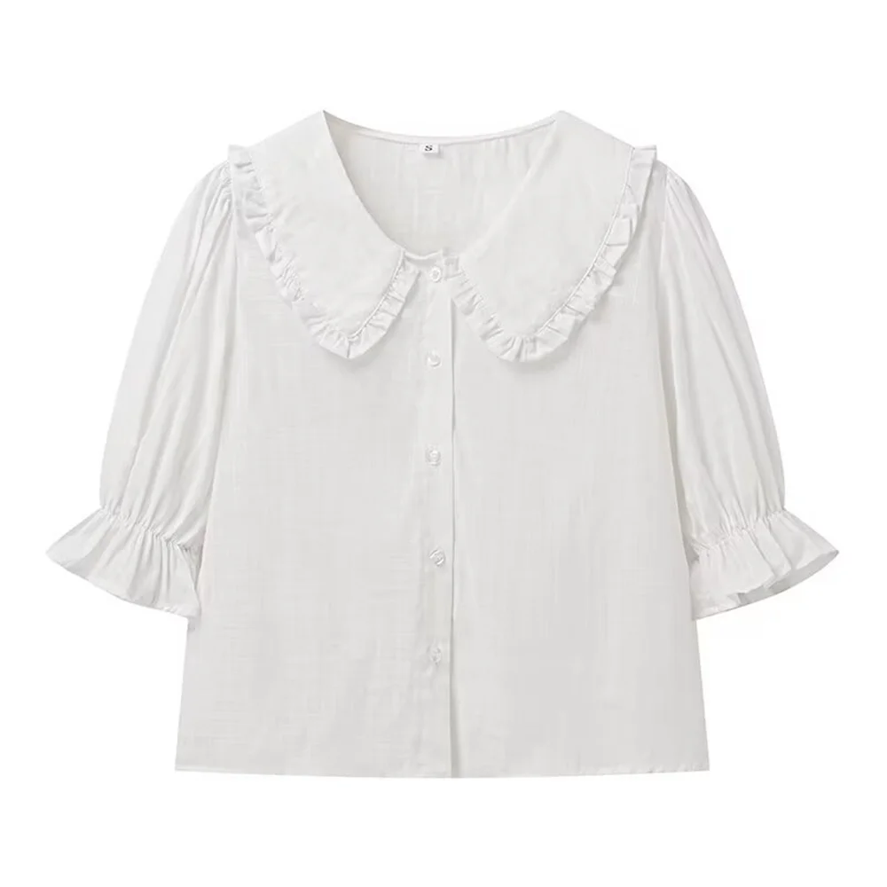 Women Ruffled Collar Linen Button-Up Set | Carmelita