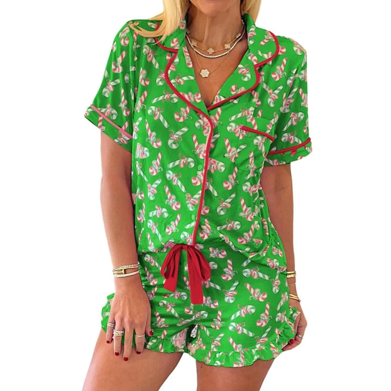 Women Candy Cane Print Pajama Set | Lahoma