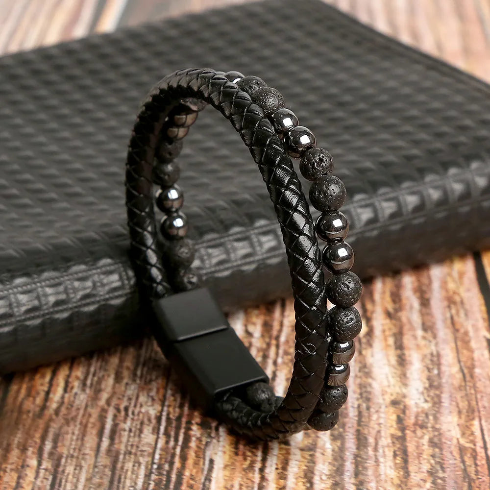 Variant image for Men's Leather Bracelet Black Multilayer | Urban Style-3