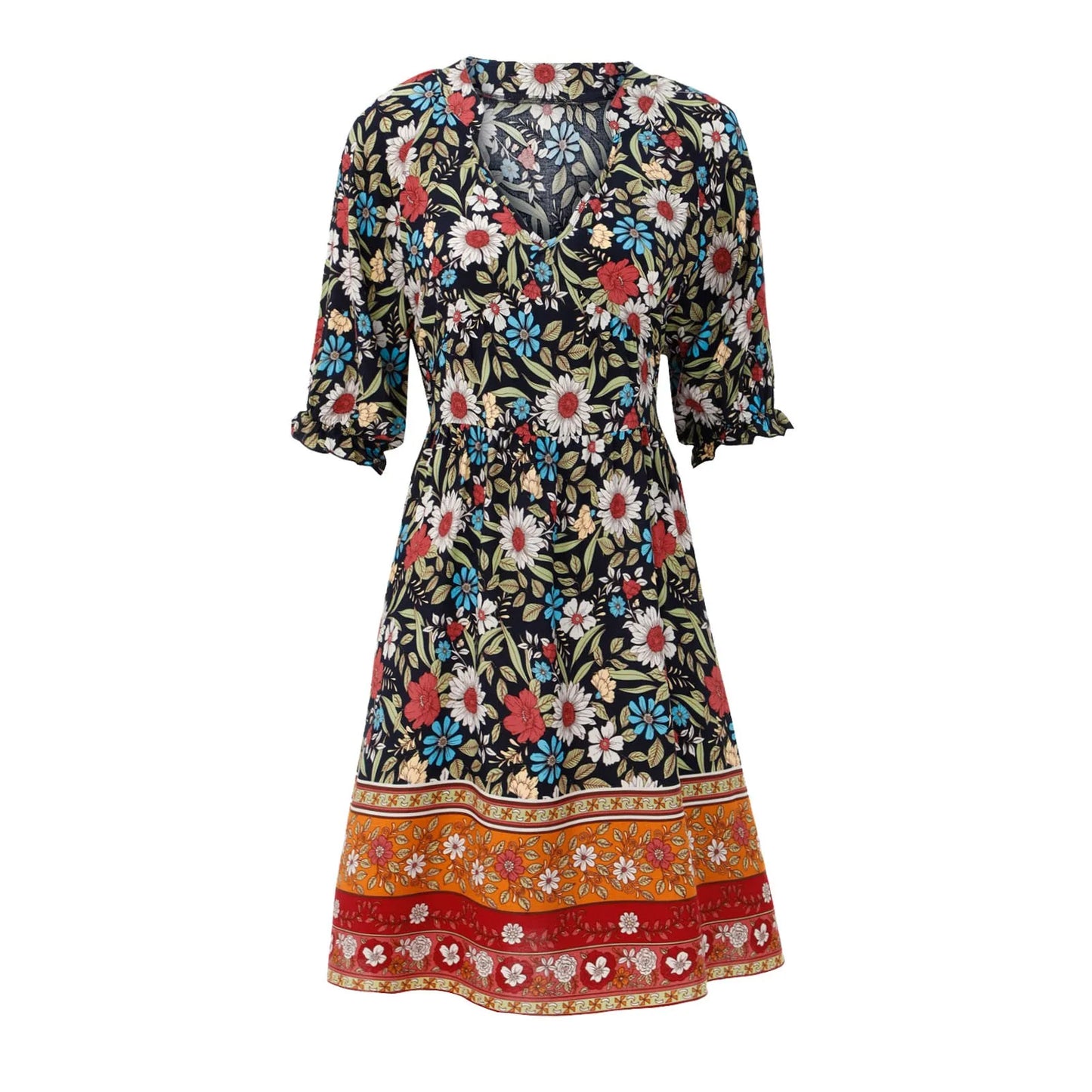Women Boho Floral V-Neck Mini Dress | Elira