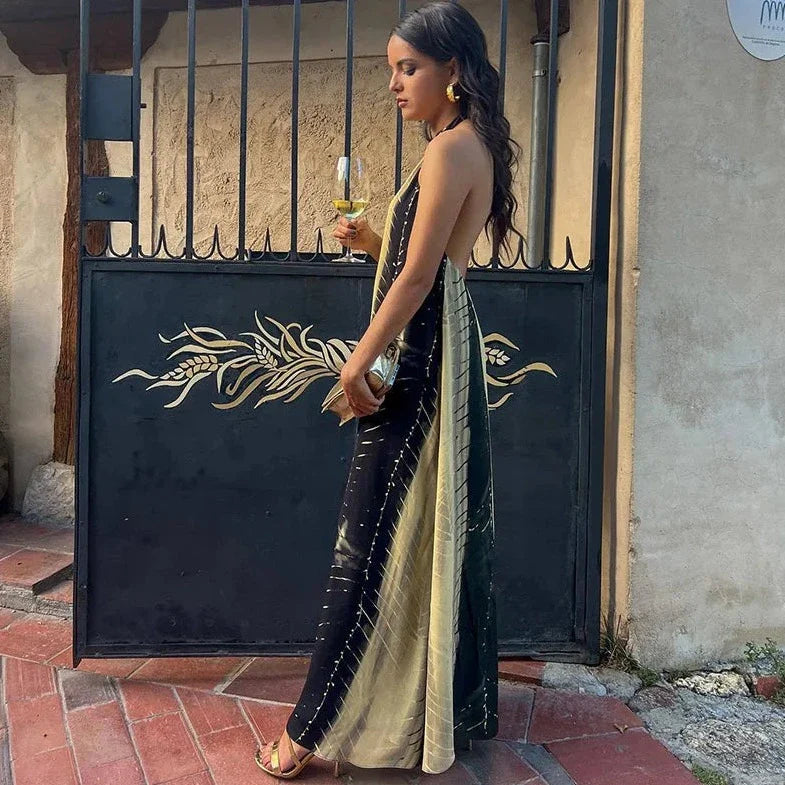 Women Flowy Ombre Print Open Back Halter Maxi Dress | Elisa