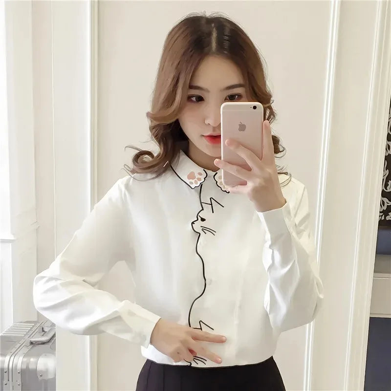 Women Playful Cat Embroidered Blouse | Rebeca