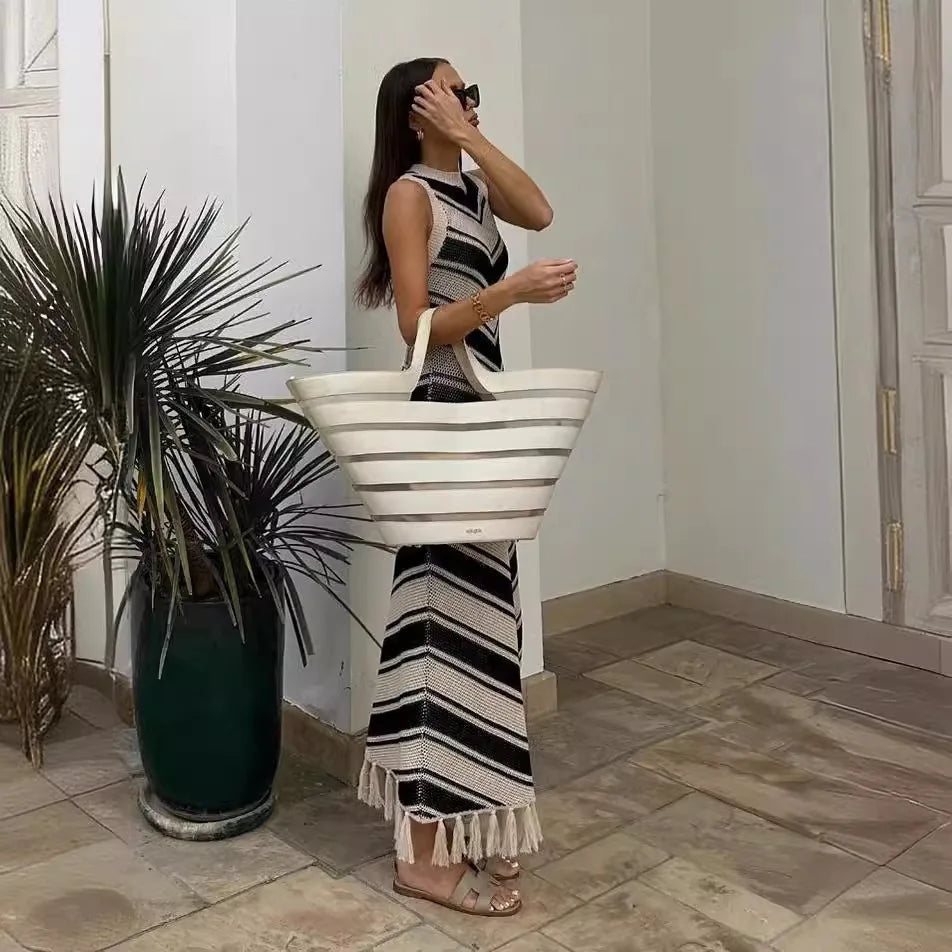 Women Chevron Stripe Maxi Tank Knit Dress | Linna