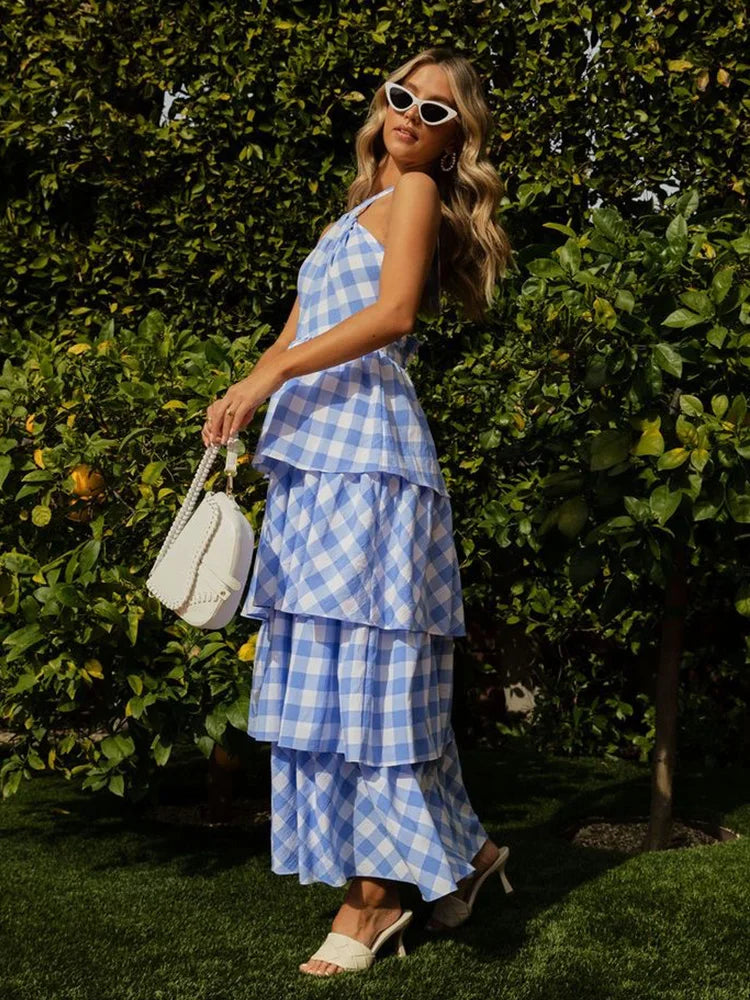 Women Tiered Gingham Halter Maxi Dress | Cordelia