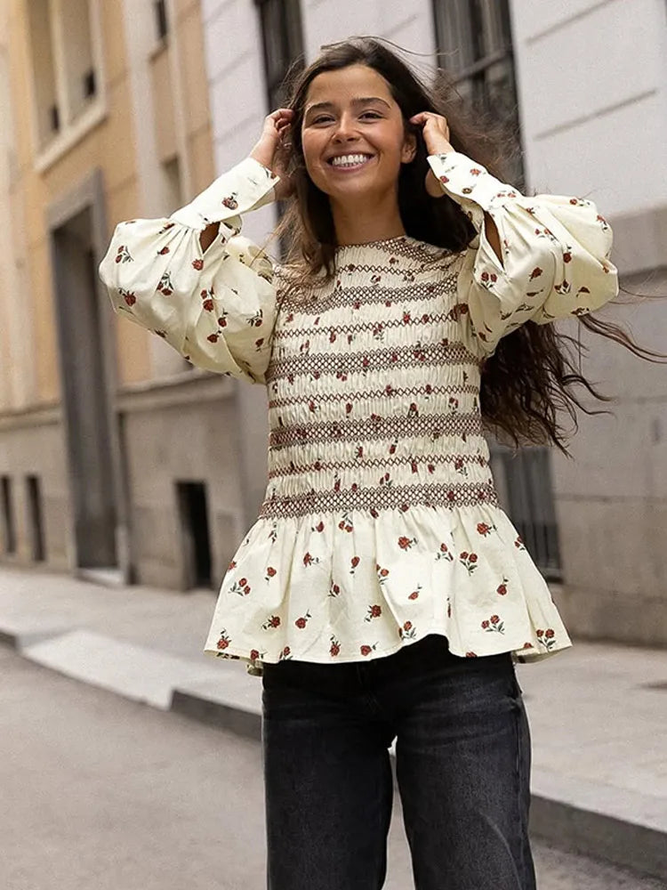Women Vintage Smocked Floral Blouse | Elnora
