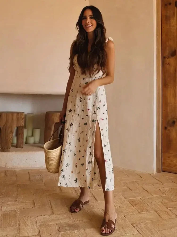 Women Floral Midi Dress with Ruffled Straps | Felicia
