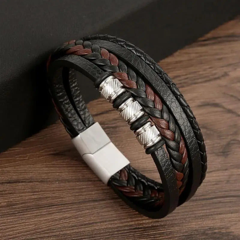 Variant image for Men's Leather Bracelet Black Alloy | Classic Style-29