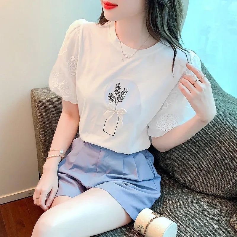 Women Puff Sleeve Embroidered T-Shirt | Brisa