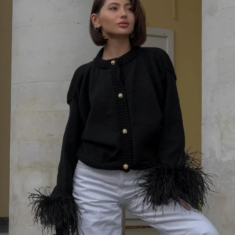 Women Feather Cuff Knit Cardigan | Geraldina