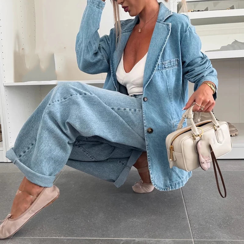 WomenTailored Denim Button Blazer | Jaelle