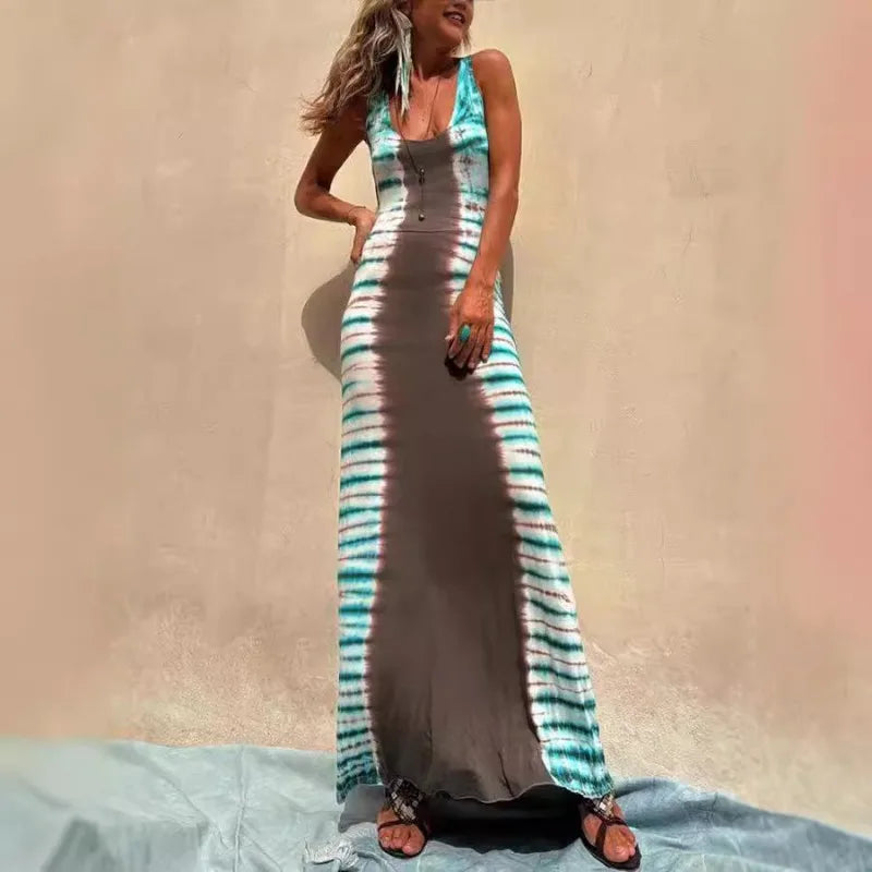 Women Backless Boho Tie-Dye Maxi Dress | Mamie