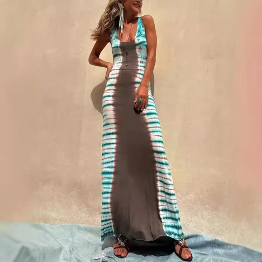 Women Backless Boho Tie-Dye Maxi Dress | Mamie