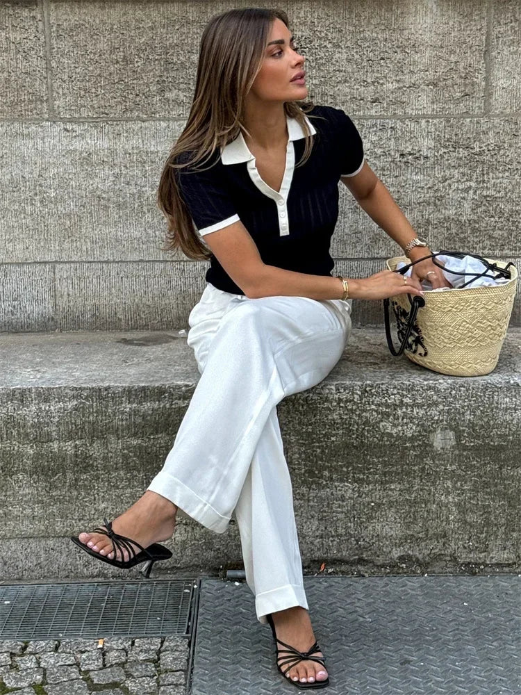Women Ribbed Contrast Collar Polo Top | Evelina