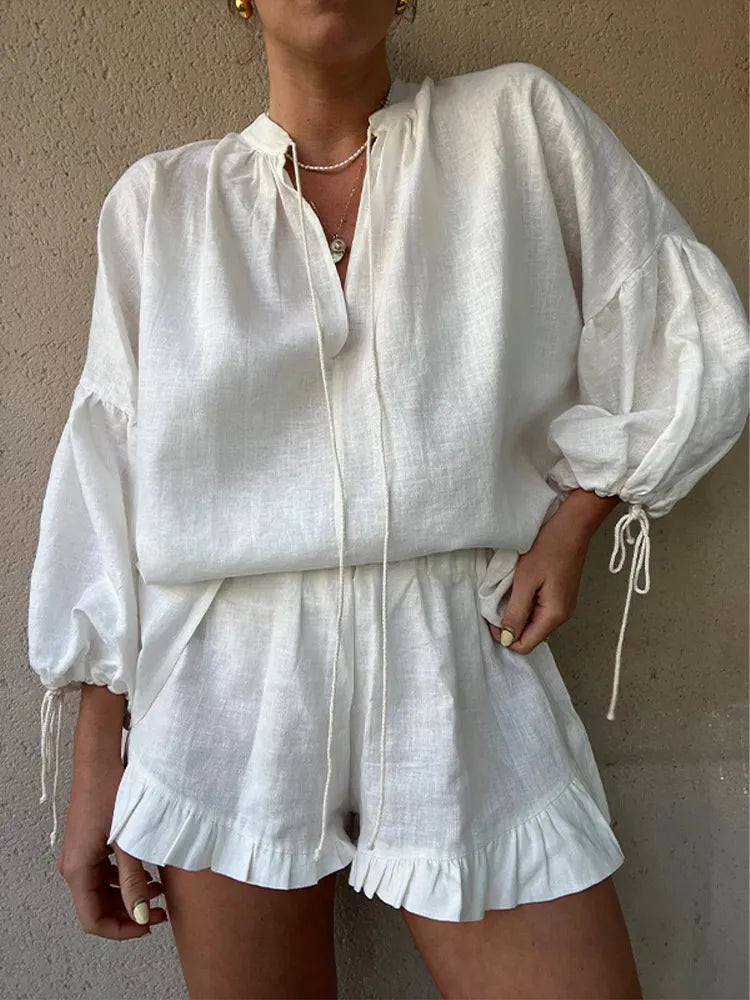 Women Elegant V-Neck Shirt And Ruffle Shorts Set | Zara