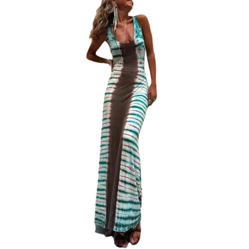 Women Backless Boho Tie-Dye Maxi Dress | Mamie