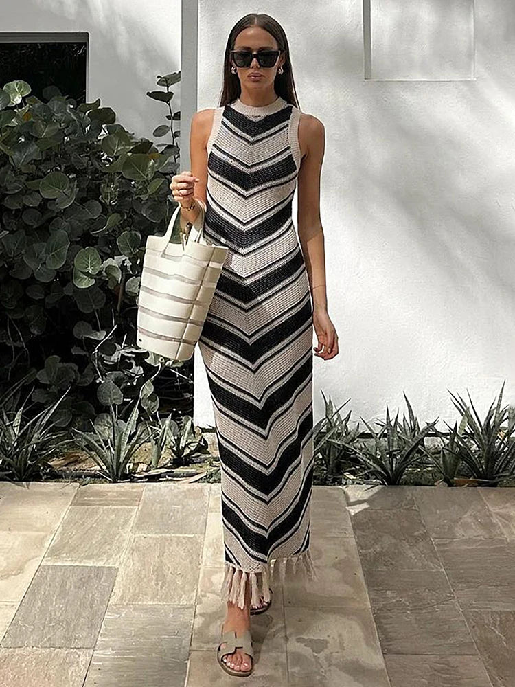 Women Chevron Stripe Maxi Tank Knit Dress | Linna