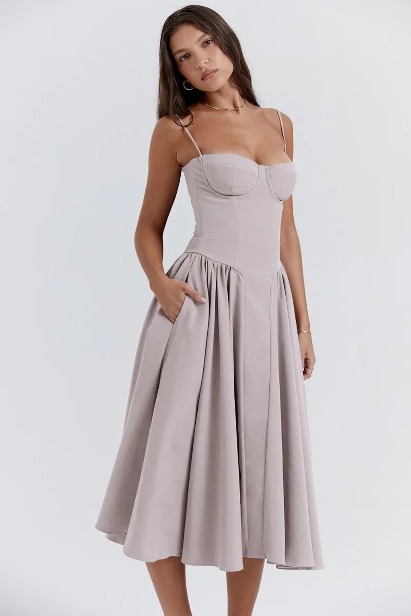 Women Chic Sleeveless Midi Sun Dress With Corset Fit | Tulum