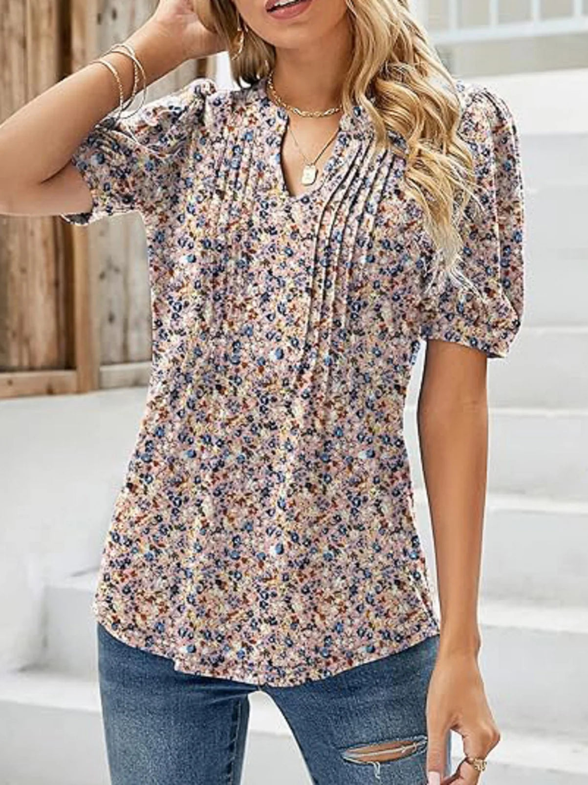 Women Floral Pleated Puff Sleeve Blouse | Eliana
