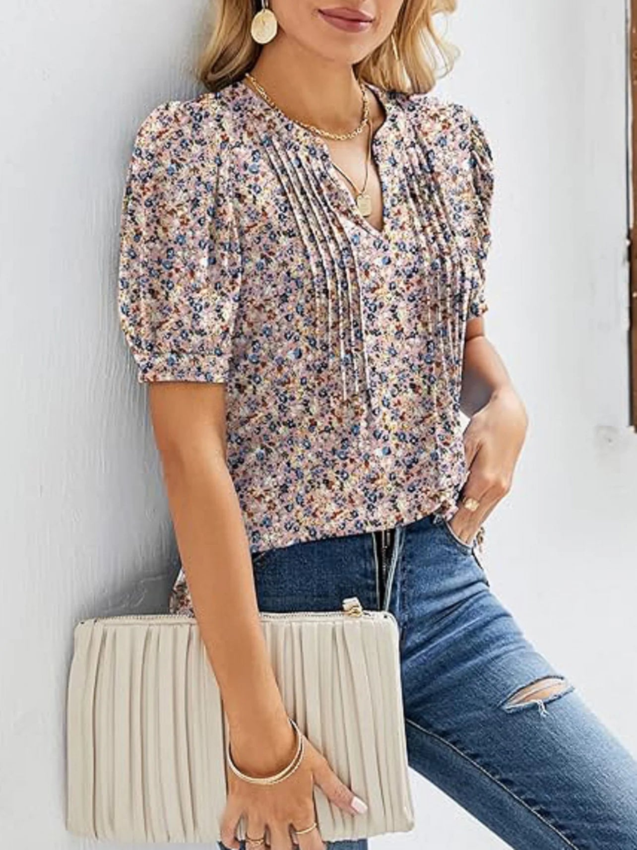 Women Floral Pleated Puff Sleeve Blouse | Eliana
