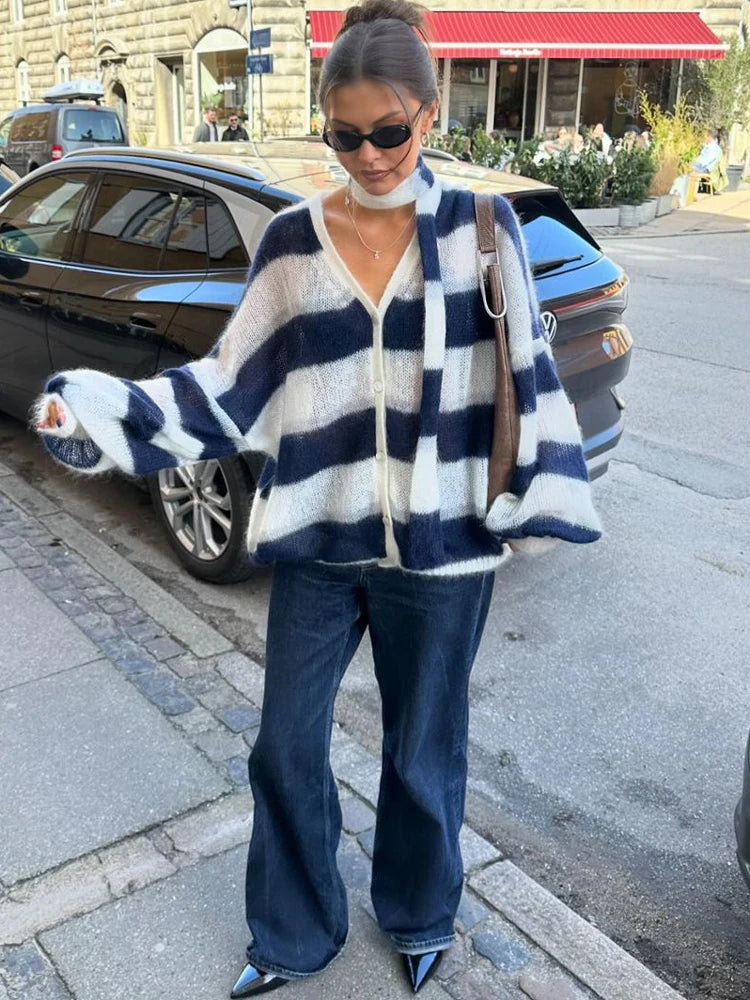 Women Oversized Striped Knit Cardigan | Orena