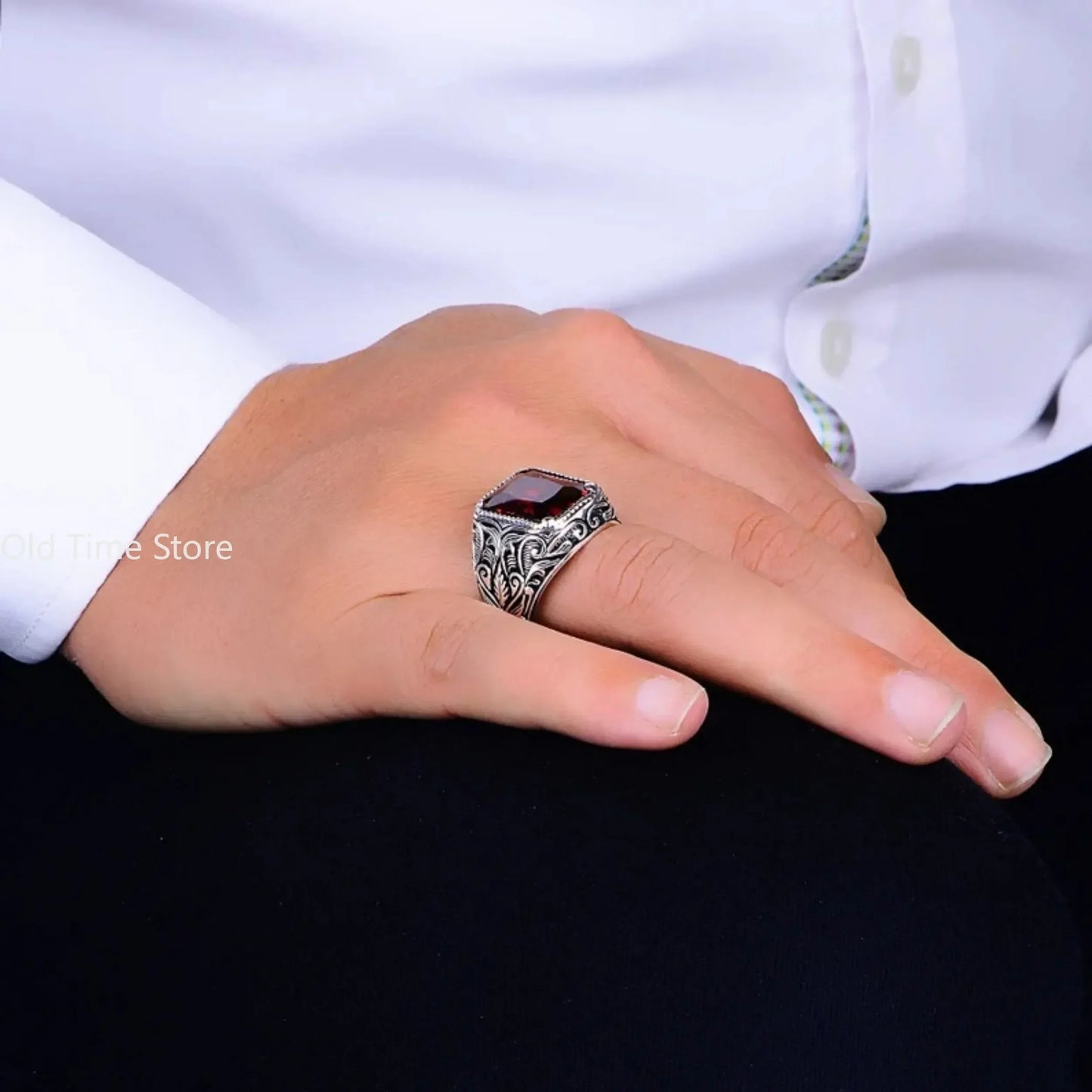 Men Red Gem Vintage Band Ring | Veyric