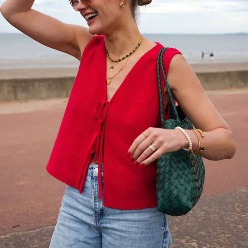 Women Striped Tie-Front Knit Vest | Imogen