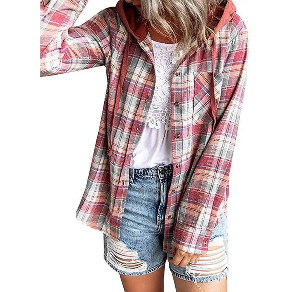Woman Lightweight Plaid Hooded Shirt | Kalista