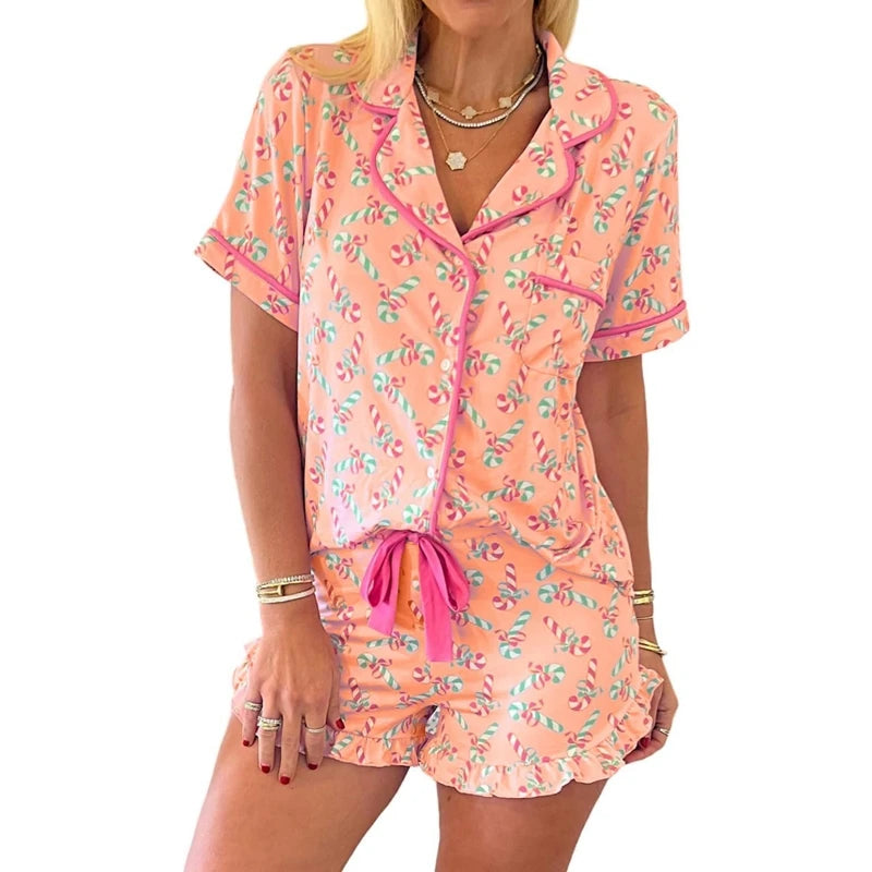 Women Candy Cane Print Pajama Set | Lahoma
