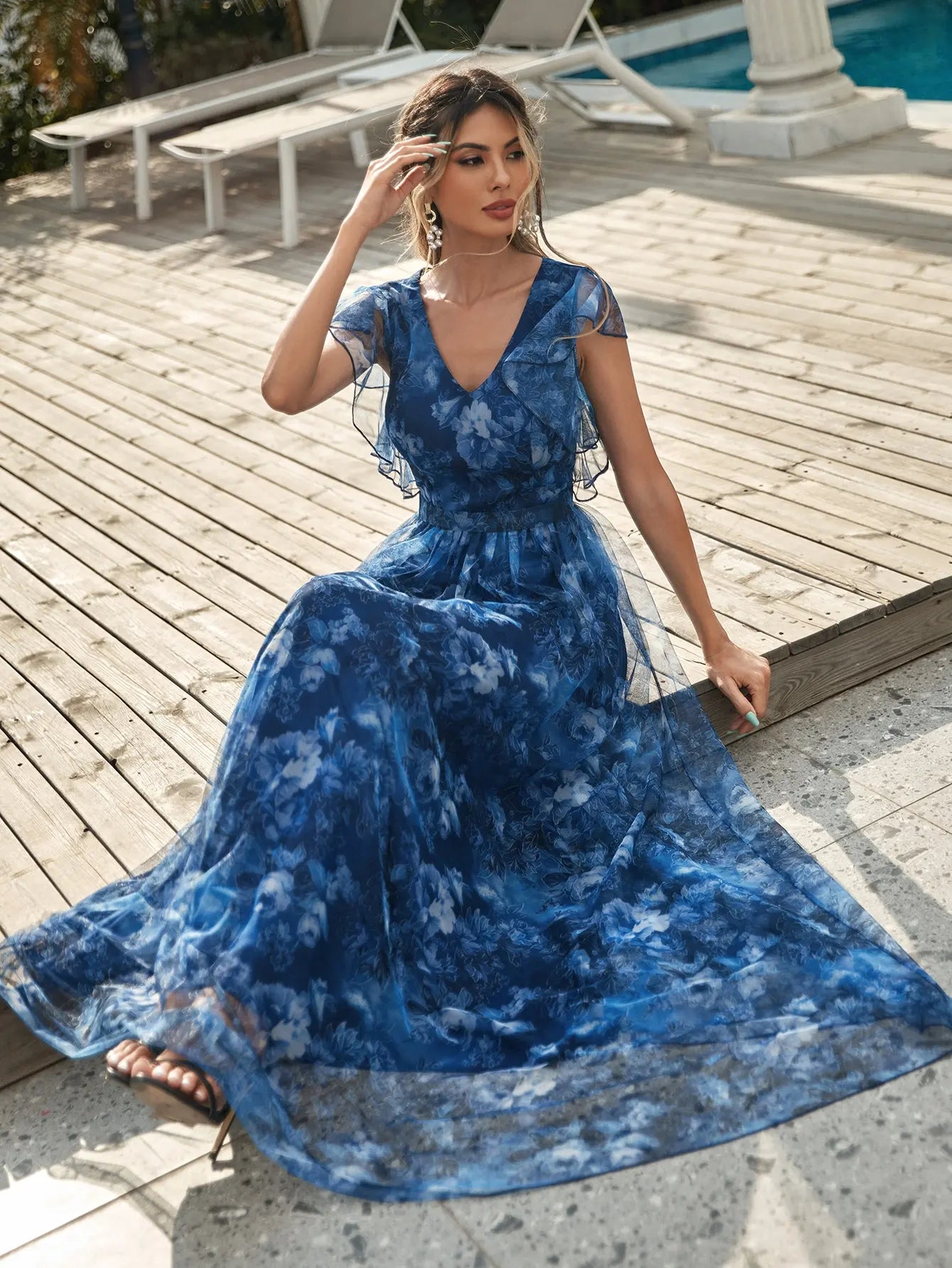 Floral Flutter Sleeve Maxi Dress | Kaye