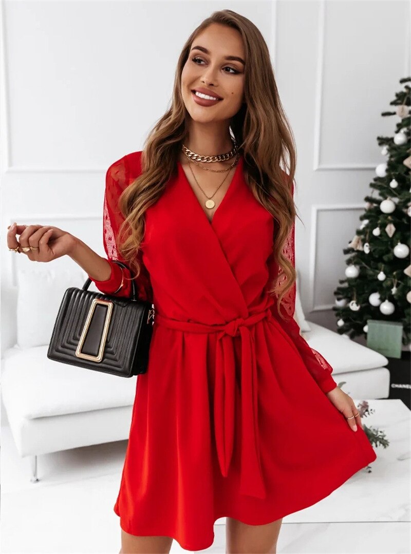 Women Sheer Sleeve Wrap Dress | Amelia