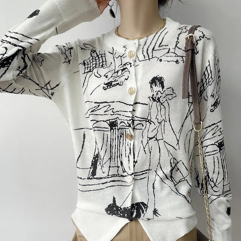 Abstract Print Button Cardigan | Hermina
