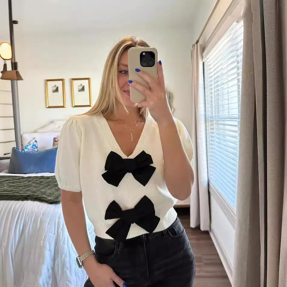 Women Bow Detail Puff Sleeve Knit Top | Arvilla