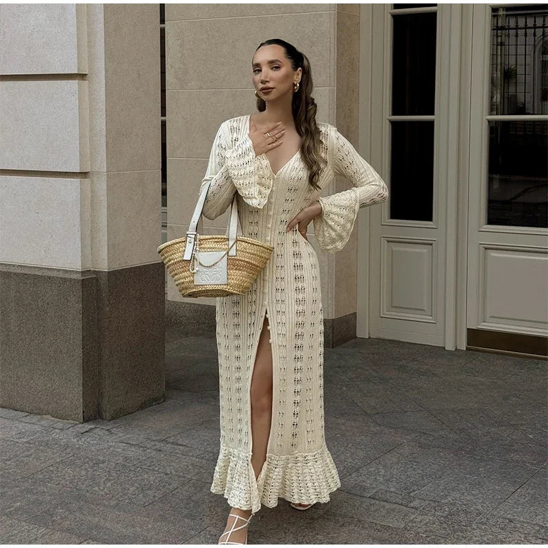 Women Maxi Dress Beige Knitted | Sophia-2