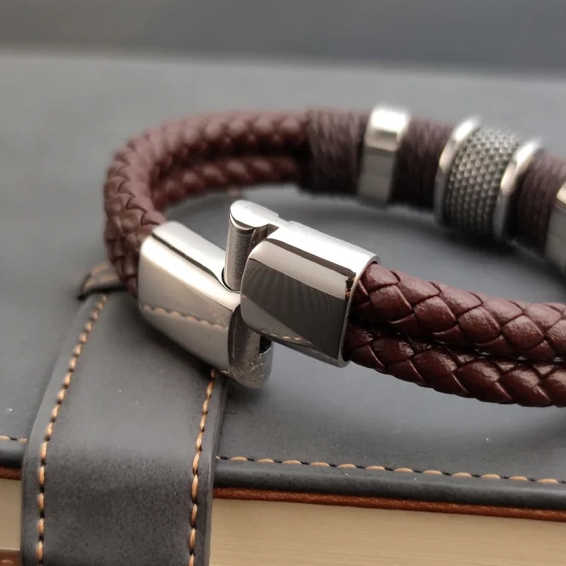 Men's Leather Bracelet Brown Stainless Steel | Classic Elegance-2