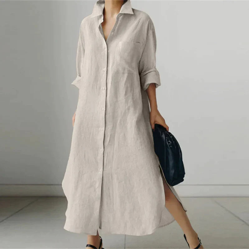 Women Button-Up Shirt Dress with Side Slit | Evelyn