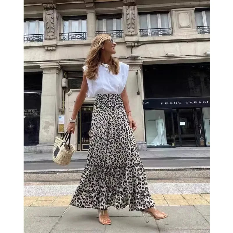 Women Leopard Print Tiered Maxi Skirt | Beatriz