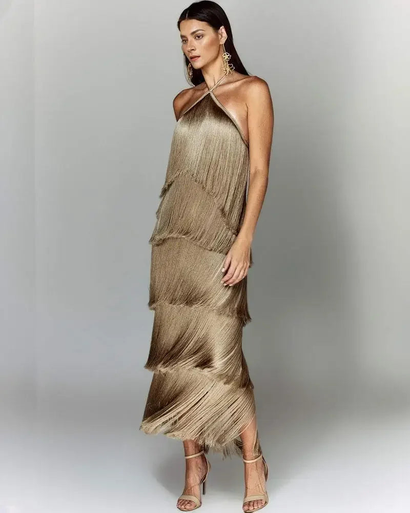 Women Glitter Fringe Halter Maxi Dress | Viviana