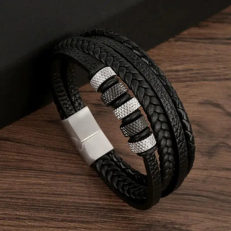 Variant image for Men's Leather Bracelet Black Alloy | Classic Style-37