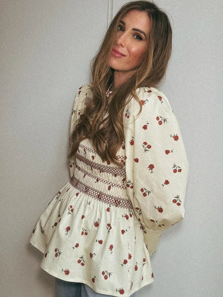 Women Vintage Smocked Floral Blouse | Elnora