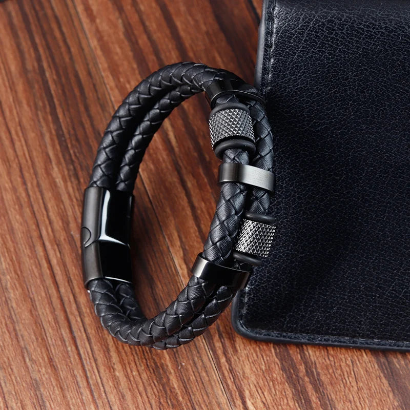 Men's Leather Bracelet Black Genuine Leather | Classic Charm-5