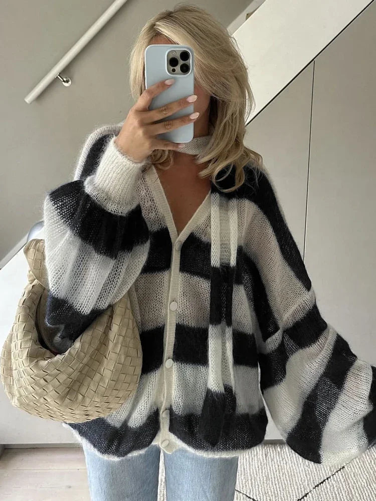 Women Oversized Striped Knit Cardigan | Orena