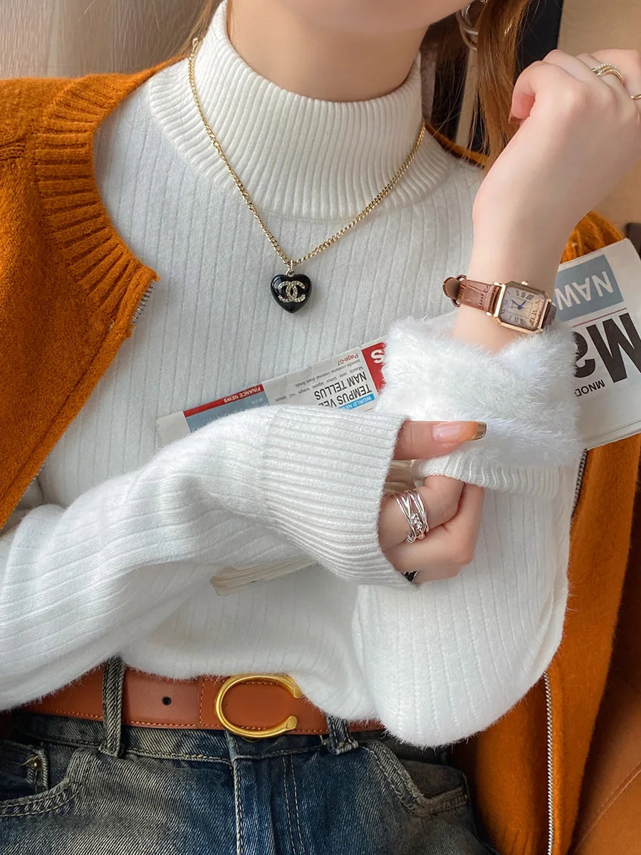 High-Neck Ribbed Sweater with Fur Trim | Edithmae