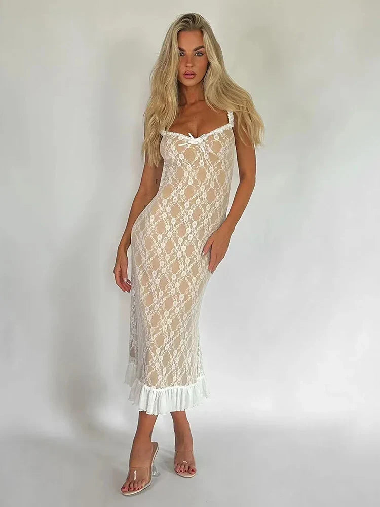 Women Lace Mesh Bodycon Midi Dress | Clydie