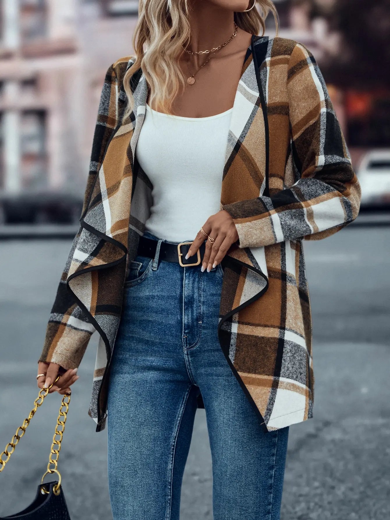 Women Plaid Waterfall Front Cardigan | Emeraude